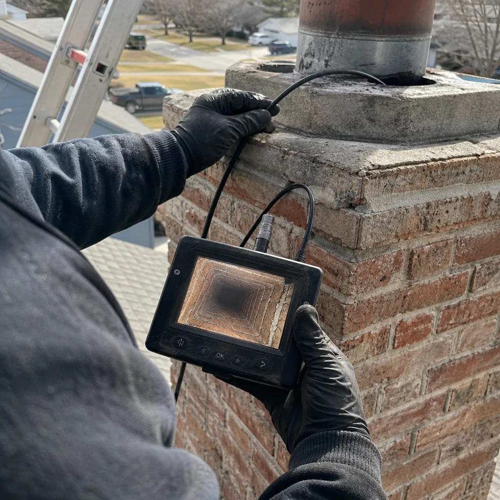 Professional technician performing a chimney flue camera inspection from the rooftop