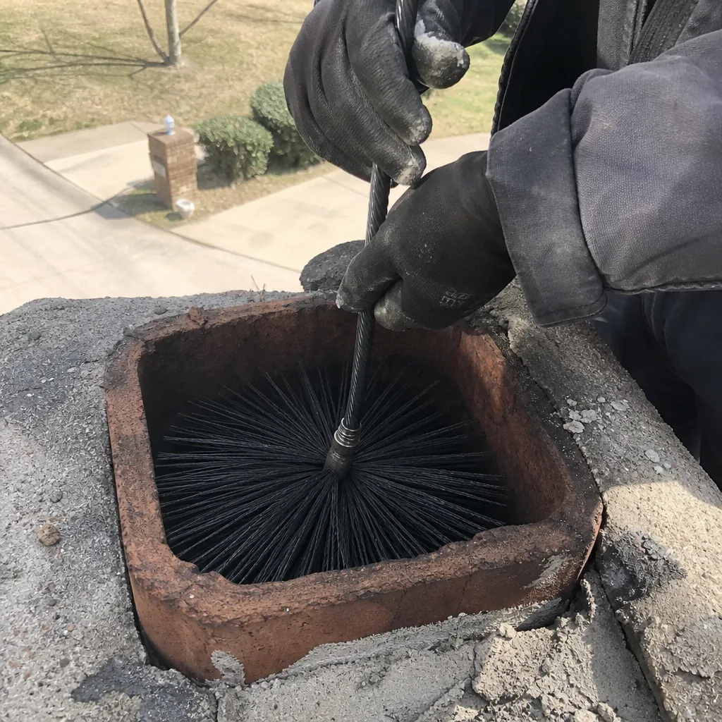 Professional chimney sweep cleaning a fireplace flue with a chimney brush