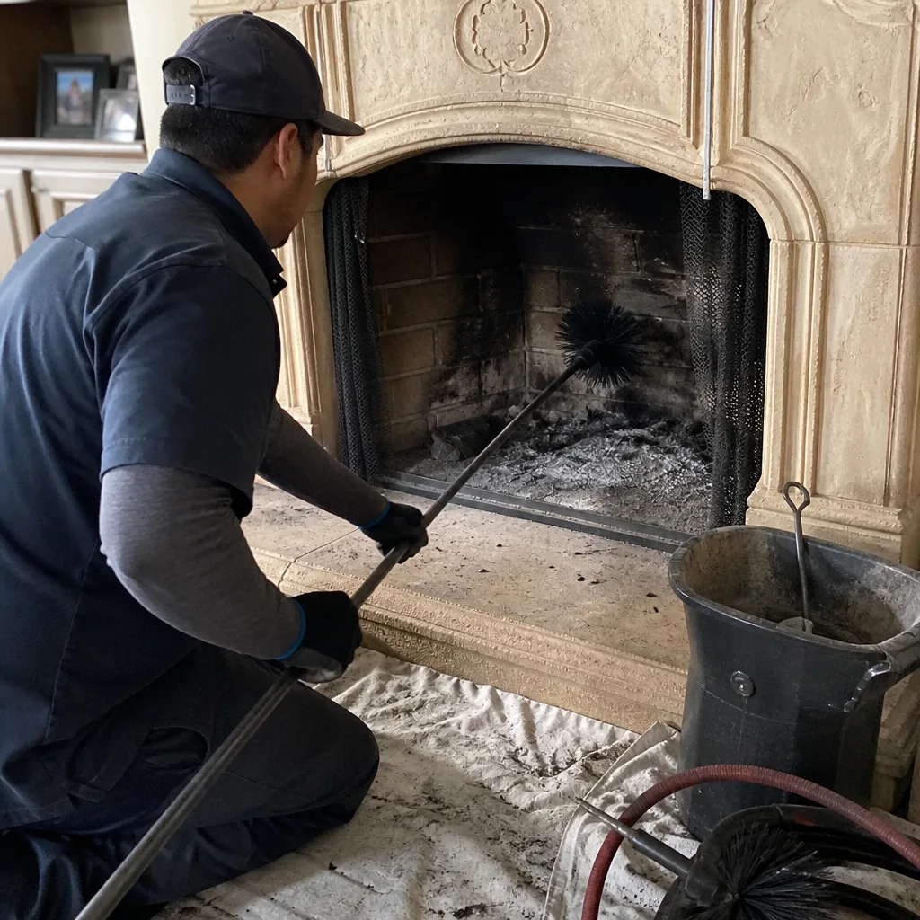 Professional chimney sweep cleaning a fireplace with a brush