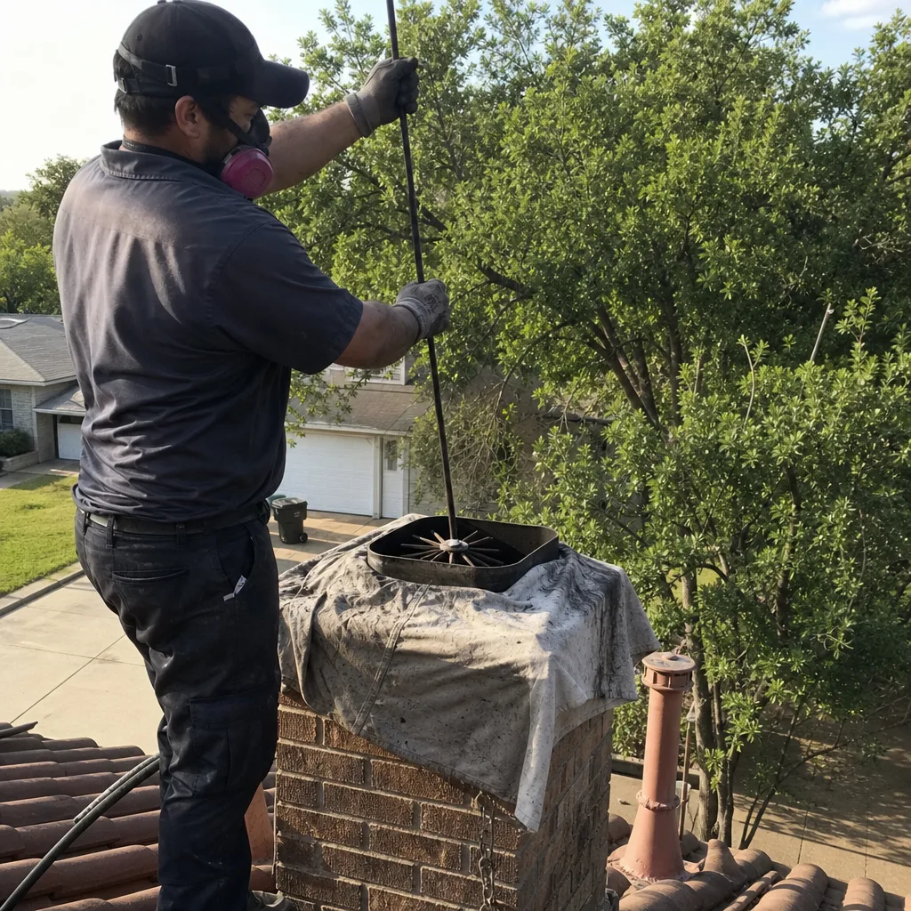 Professional chimney sweep cleaning a residential brick chimney from the roof.