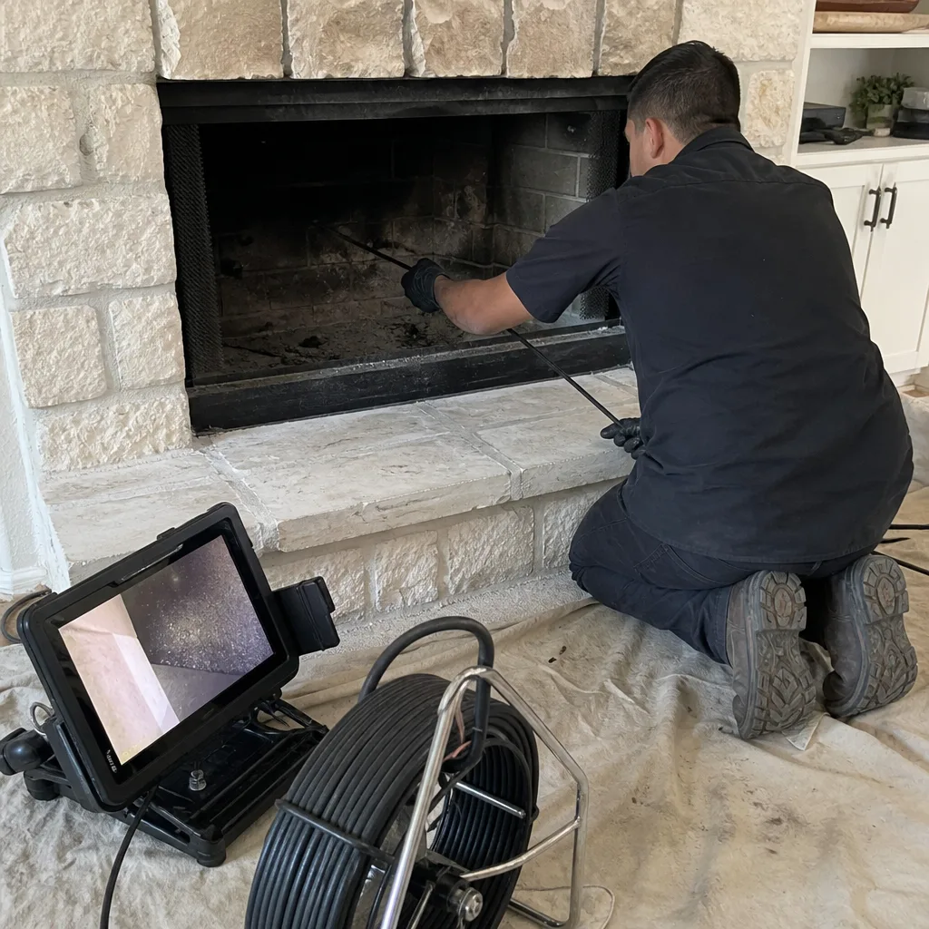 Technician using a fireplace inspection camera for professional chimney repair